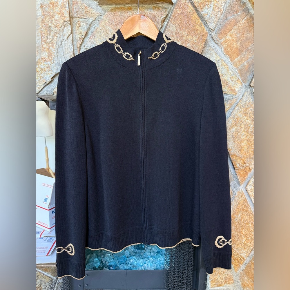 St. John Black Zip-Front Knit Jacket with Gold Chain Trim